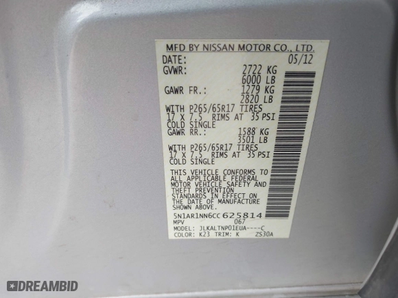 2012 Nissan Pathfinder LE with VIN 5N1AR1NN6CC625814, listed as a IAAI auction lot 41359272 with 174,657 mi miles. Bid and sale history available at carsss.com. Image 9.