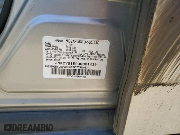 2003 Infiniti G35 w/Leather with VIN JNKCV51E03M001439, listed as a Copart auction lot 59347455 with 123,084 mi miles and Salvage title. Bid and sale history available at DreamBid. Image 12.