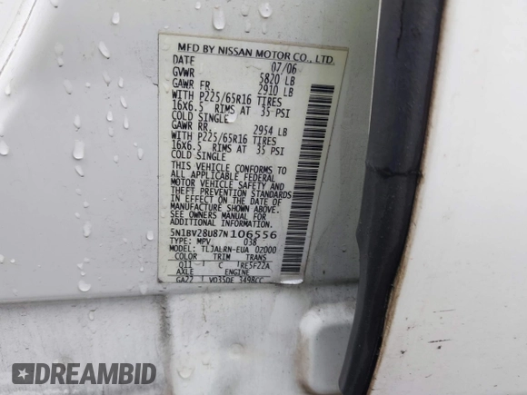 2007 Nissan Quest SL with VIN 5N1BV28U87N106556, listed as a IAAI auction lot 42121368 with 203,693 mi miles. Bid and sale history available at carsss.com. Image 9.