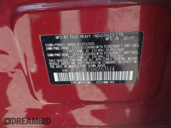 2017 Subaru Forester Premium with VIN JF2SJAEC6HG553514, listed as a IAAI auction lot 41365516 with 91,518 mi miles. Bid and sale history available at carsss.com. Image 9.