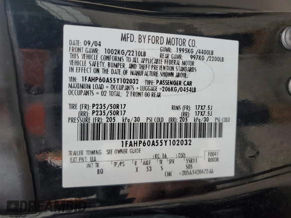 2005 Ford Thunderbird Deluxe z VIN 1FAHP60A55Y102032, wystawiony jako Copart lot #73761144 z przebiegiem 50 402 mil mil oraz Szkoda całkowita • Salvage title. Historia ofert i sprzedaży dostępna na DreamBid. Obrazek 12.