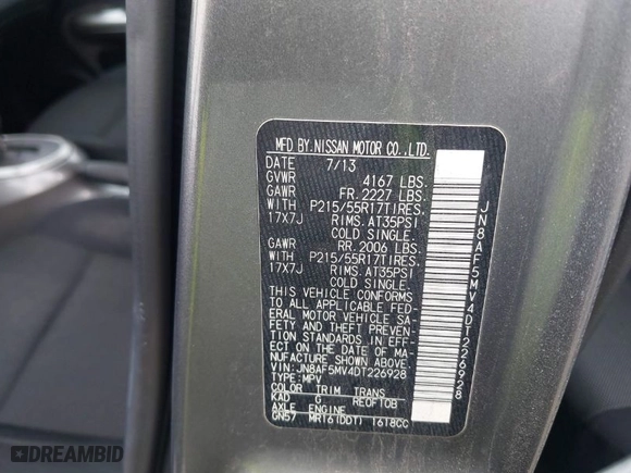 2013 Nissan Juke S with VIN JN8AF5MV4DT226928, listed as a IAAI auction lot 41754280 with 1 mi miles. Bid and sale history available at carsss.com. Image 9.