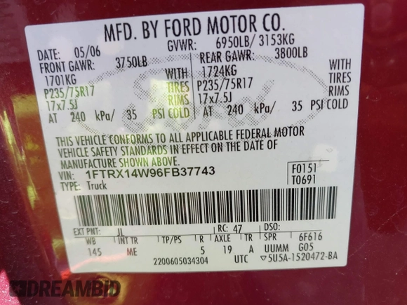 2006 Ford F-150 STX with VIN 1FTRX14W96FB37743, listed as a IAAI auction lot 41995762 with 141,126 mi miles. Bid and sale history available at carsss.com. Image 9.