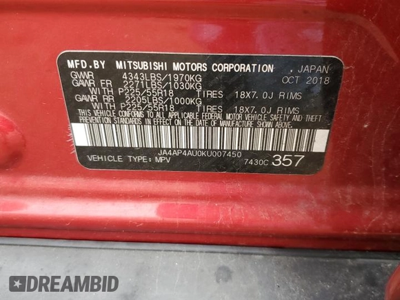 2019 Mitsubishi Outlander Sport SE 2.0 with VIN JA4AP4AU0KU007450, listed as a Copart auction lot 43689195 with 150,726 mi miles and Salvage Title. Bid and sale history available at carsss.com. Image 15.