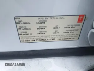 2018 Tesla Model S 75D z VIN 5YJSA1E28JF247985, wystawiony jako IAAI lot #42116586 z przebiegiem 102 062 mil mil oraz . Historia ofert i sprzedaży dostępna na DreamBid. Obrazek 9.