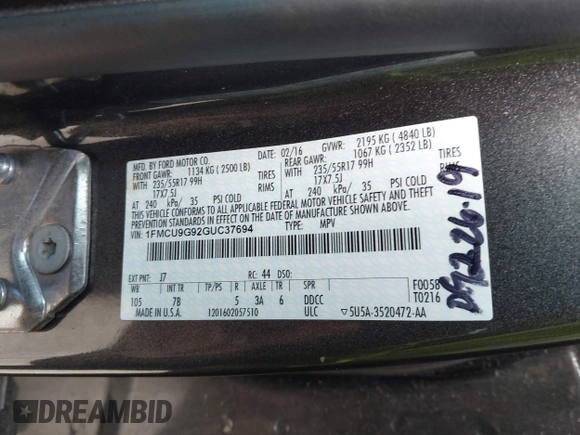 2016 Ford Escape SE z VIN 1FMCU9G92GUC37694, wystawiony jako IAAI lot #41917697 z przebiegiem 78 511 mil mil oraz . Historia ofert i sprzedaży dostępna na DreamBid. Obrazek 9.