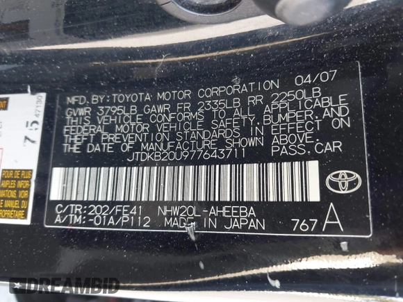 2007 Toyota Prius z VIN JTDKB20U977643711, wystawiony jako IAAI lot #42411905 z przebiegiem 112 362 mil mil oraz . Historia ofert i sprzedaży dostępna na DreamBid. Obrazek 9.