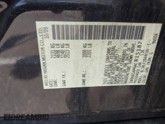 2010 Nissan Maxima S z VIN 1N4AA5AP6AC815187, wystawiony jako IAAI lot #42395830 z przebiegiem 161 567 mil mil oraz . Historia ofert i sprzedaży dostępna na DreamBid. Obrazek 9.