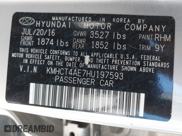 2017 Hyundai Accent SE with VIN KMHCT4AE7HU197593, listed as a IAAI auction lot 41597842 with 162,018 mi miles and . Bid and sale history available at carsss.com. Image 9.