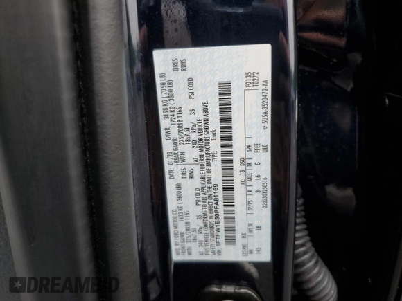 2023 Ford F-150 XL with VIN 1FTFW1E50PFA81169, listed as a Copart auction lot 55646095 with Not provided miles and Salvage title. Bid and sale history available at DreamBid. Image 12.