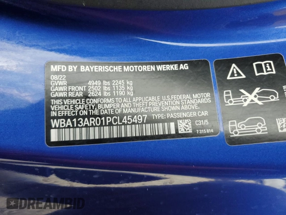 2023 BMW 4 Series M440i xDrive with VIN WBA13AR01PCL45497, listed as a Copart auction lot 82892534 with Not Provided miles and Non Repairable. Bid and sale history available at DreamBid. Image 12.