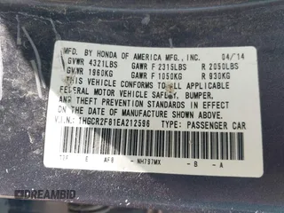 2014 Honda Accord EX-L with VIN 1HGCR2F81EA212596, listed as a IAAI auction lot 41959668 with 143,839 mi miles and . Bid and sale history available at carsss.com. Image 9.