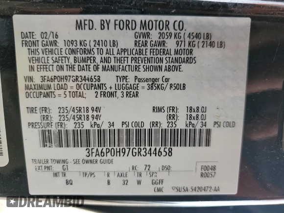 2016 Ford Fusion SE with VIN 3FA6P0H97GR344658, listed as a Copart auction lot 57836865 with 125,398 mi miles and Salvage title. Bid and sale history available at DreamBid. Image 12.