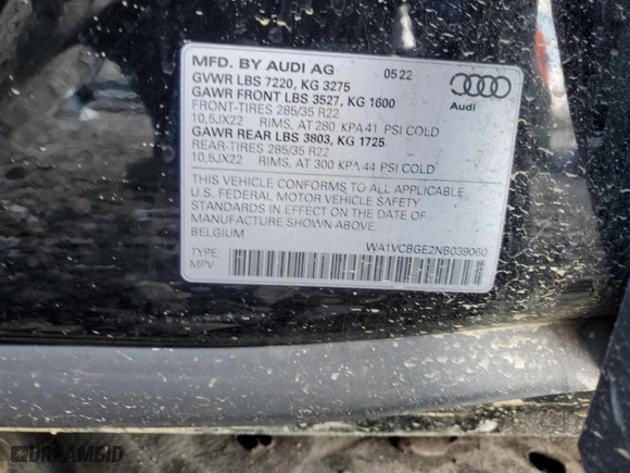 2022 Audi e-tron S Prestige with VIN WA1VCBGE2NB039060, listed as a Copart auction lot 88819135 with 0 miles and Salvage Title. Bid and sale history available at carsss.com. Image 13.