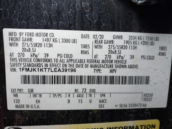 2020 Ford Expedition Max Limited with VIN 1FMJK1KT7LEA39196, listed as a IAAI auction lot 41810041 with 159,436 mi miles and . Bid and sale history available at DreamBid. Image 9.