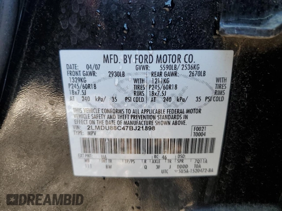 2007 Lincoln MKX with VIN 2LMDU88C47BJ21898, listed as a Copart auction lot 56321275 with 182,123 mi miles and Non repairable. Bid and sale history available at DreamBid. Image 13.