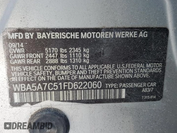 2015 BMW 5 Series 528i xDrive with VIN WBA5A7C51FD622060, listed as a Copart auction lot 42130055 with 86,552 mi miles and Clean title. Bid and sale history available at DreamBid. Image 12.