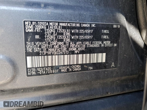2019 Toyota RAV4 XLE with VIN 2T3P1RFV5KC047513, listed as a Copart auction lot 53023465 with 65,408 mi miles and Salvage Title. Bid and sale history available at carsss.com. Image 14.
