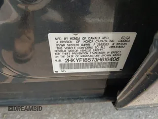 2003 Honda Pilot EX z VIN 2HKYF18573H616406, wystawiony jako IAAI lot #42363152 z przebiegiem 323 672 mil mil oraz . Historia ofert i sprzedaży dostępna na DreamBid. Obrazek 9.