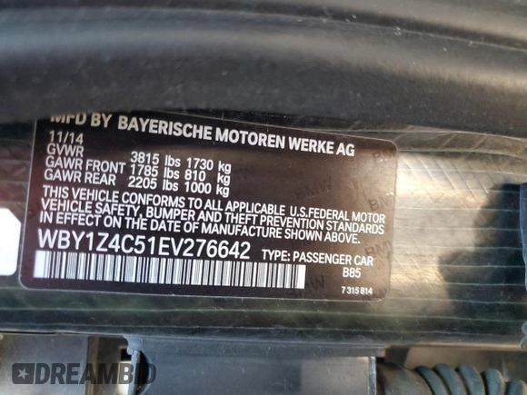 2014 BMW i3 with VIN WBY1Z4C51EV276642, listed as a Copart auction lot 52571115 with 112,178 mi miles and Salvage title. Bid and sale history available at DreamBid. Image 12.