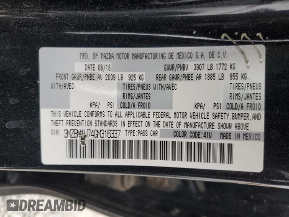 2016 Mazda 3 i Sport with VIN 3MZBM1U74GM316337, listed as a Copart auction lot 53584435 with Not Provided miles and Salvage Title. Bid and sale history available at DreamBid. Image 12.