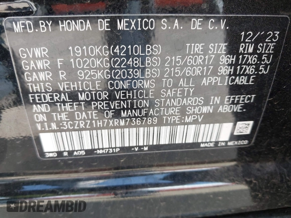 2024 Honda HR-V EX-L z VIN 3CZRZ1H7XRM736789, wystawiony jako IAAI lot #41934334 z przebiegiem 26 084 mil mil oraz . Historia ofert i sprzedaży dostępna na DreamBid. Obrazek 9.