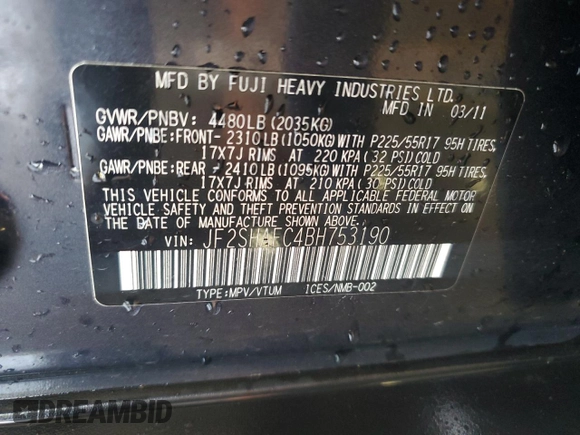 2011 Subaru Forester X Limited with VIN JF2SHAFC4BH753190, listed as a Copart auction lot 57217885 with 108,408 mi miles and Salvage title. Bid and sale history available at DreamBid. Image 14.