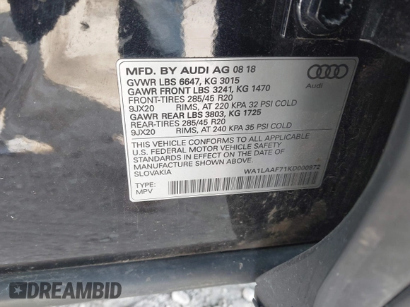 2019 Audi Q7 Premium Plus z VIN WA1LAAF71KD000972, wystawiony jako IAAI lot #42009446 z przebiegiem 37 237 mil mil oraz . Historia ofert i sprzedaży dostępna na DreamBid. Obrazek 9.