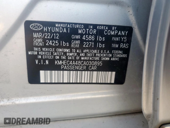 2012 Hyundai Sonata Hybrid z VIN KMHEC4A48CA030895, wystawiony jako Copart lot #59520505 z przebiegiem Nie podano mil oraz Czysty tytuł • Clean title. Historia ofert i sprzedaży dostępna na DreamBid. Obrazek 13.