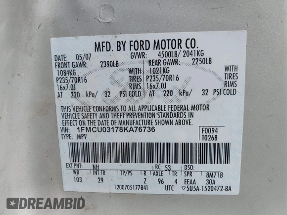 2008 Ford Escape XLT with VIN 1FMCU03178KA76736, listed as a IAAI auction lot 42672474 with 218,472 mi miles and . Bid and sale history available at DreamBid. Image 9.
