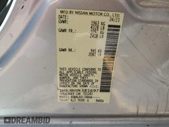 2023 Nissan Altima S with VIN 1N4BL4BVXPN385697, listed as a Copart auction lot 52932095 with 65,632 mi miles and Salvage Title. Bid and sale history available at DreamBid. Image 12.
