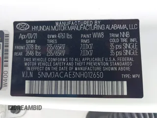 2022 Hyundai Tucson SE z VIN 5NMJACAE3NH012650, wystawiony jako IAAI lot #42137835 z przebiegiem 107 599 mil mil oraz . Historia ofert i sprzedaży dostępna na DreamBid. Obrazek 9.