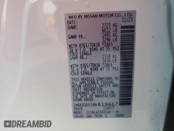 2024 Nissan Frontier S with VIN 1N6ED1EK5RN619667, listed as a Copart auction lot 67998274 with 1,422 mi miles and Salvage title. Bid and sale history available at DreamBid. Image 14.