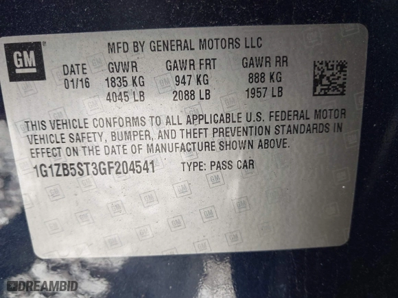2016 Chevrolet Malibu LS with VIN 1G1ZB5ST3GF204541, listed as a IAAI auction lot 41880728 with 192,872 mi miles. Bid and sale history available at carsss.com. Image 9.