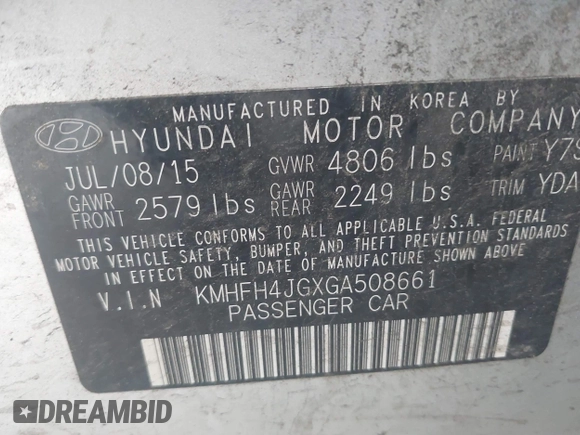 2016 Hyundai Azera Limited with VIN KMHFH4JGXGA508661, listed as a IAAI auction lot 42522492 with 188,700 mi miles and . Bid and sale history available at DreamBid. Image 9.