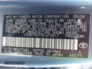 2008 Toyota Yaris with VIN JTDBT923781272417, listed as a IAAI auction lot 41880886 with 243,453 mi miles. Bid and sale history available at carsss.com. Image 9.