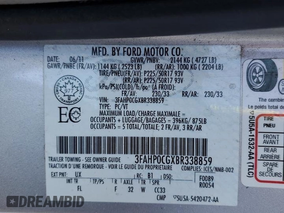 2011 Ford Fusion SEL with VIN 3FAHP0CGXBR338859, listed as a Copart auction lot 45482055 with 130,974 mi miles and Salvage Title. Bid and sale history available at carsss.com. Image 12.