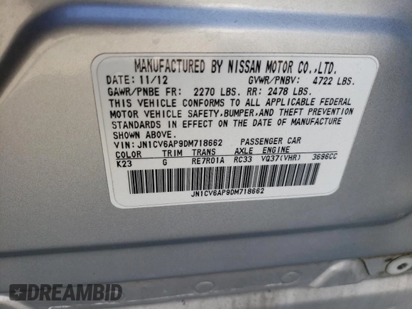2013 Infiniti G37 Journey with VIN JN1CV6AP9DM718662, listed as a Copart auction lot 59592975 with 165,697 mi miles and Salvage title. Bid and sale history available at DreamBid. Image 13.