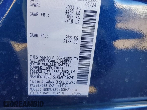 2024 Nissan Altima 2.5 SR with VIN 1N4BL4CW8RN391220, listed as a Copart auction lot 47422075 with 17,508 mi miles and Salvage Title. Bid and sale history available at carsss.com. Image 12.