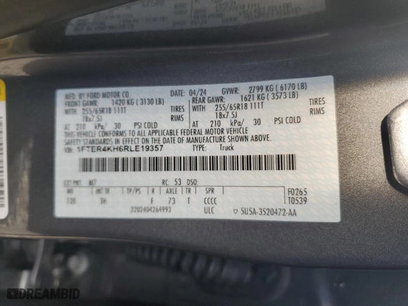 2024 Ford Ranger LARIAT with VIN 1FTER4KH6RLE19357, listed as a Copart auction lot 84761804 with 0 mi miles and Salvage Title. Bid and sale history available at carsss.com. Image 12.