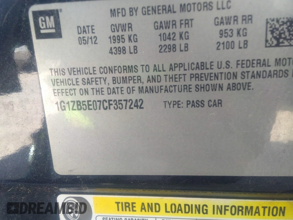 2012 Chevrolet Malibu 1LS with VIN 1G1ZB5E07CF357242, listed as a IAAI auction lot 42092427 with 135,322 mi miles and . Bid and sale history available at DreamBid. Image 9.