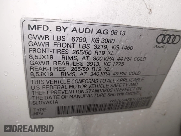 2014 Audi Q7 Premium Plus with VIN WA1LGAFE1ED000956, listed as a IAAI auction lot 42453908 with 81,896 mi miles and . Bid and sale history available at DreamBid. Image 9.