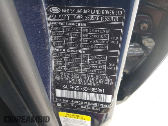 2013 Land Rover LR2 with VIN SALFR2BG3DH365861, listed as a IAAI auction lot 42154803 with 133,387 mi miles and . Bid and sale history available at DreamBid. Image 9.