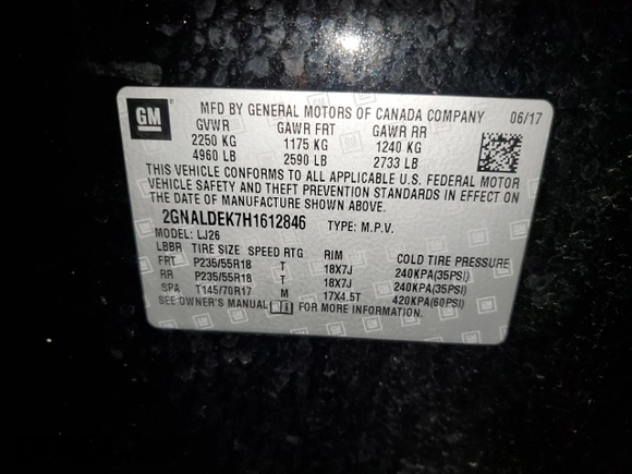 2017 Chevrolet Equinox Premier with VIN 2GNALDEK7H1612846, listed as a Copart auction lot 54100655 with 97,502 mi miles and Non Repairable. Bid and sale history available at DreamBid. Image 13.