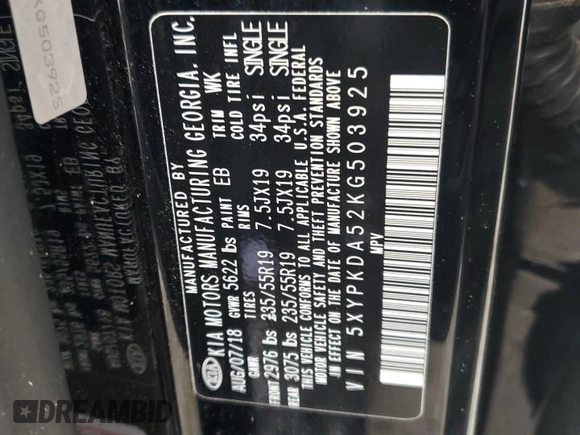2019 Kia Sorento SX V6 with VIN 5XYPKDA52KG503925, listed as a Copart auction lot 45850785 with 59,107 mi miles and Salvage Title. Bid and sale history available at carsss.com. Image 13.