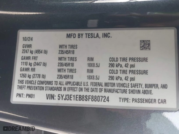 2025 Tesla Model 3 Long Range with VIN 5YJ3E1EB8SF880724, listed as a IAAI auction lot 41657377 with 7,526 mi miles. Bid and sale history available at carsss.com. Image 9.