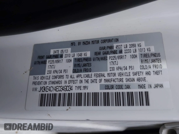 2014 Mazda CX-5 Touring with VIN JM3KE4CY4E0349034, listed as a IAAI auction lot 41478954 with 117,502 mi miles. Bid and sale history available at carsss.com. Image 9.
