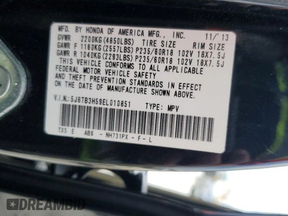 2014 Acura RDX Tech Pkg with VIN 5J8TB3H59EL010851, listed as a Copart auction lot 47354675 with 306,176 mi miles and Salvage Title. Bid and sale history available at carsss.com. Image 13.