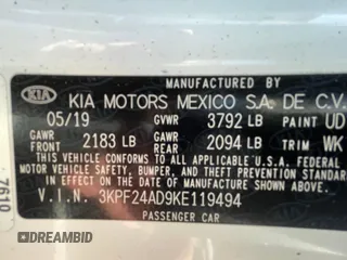 2019 Kia Forte LXS with VIN 3KPF24AD9KE119494, listed as a Copart auction lot 51171085 with 1 mi miles and Clean Title. Bid and sale history available at carsss.com. Image 10.