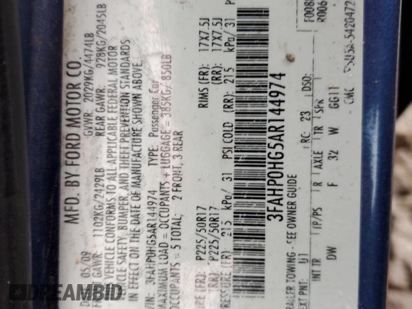 2010 Ford Fusion SE with VIN 3FAHP0HG5AR144974, listed as a Copart auction lot 50910915 with 199,881 mi miles and Non Repairable. Bid and sale history available at DreamBid. Image 12.